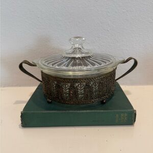 Vintage Glasbake 1Qt Casserole Dish with Lid in Art Deco Metal Holder